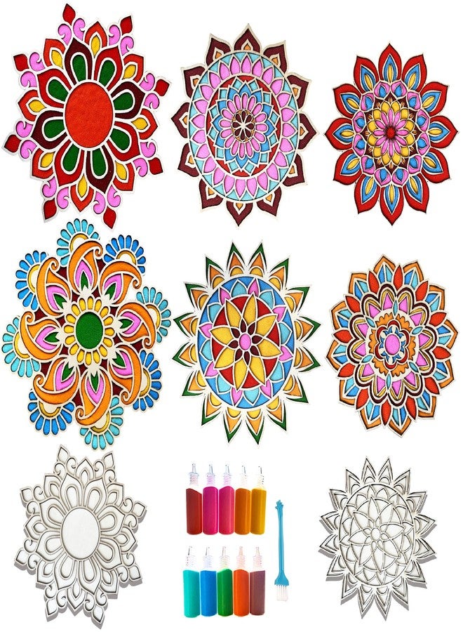 ام ال او ال ام مجموعة MLOLM الخشبية لرسم رانجولي بالرمل - 6 قطع من حصائر أحجية ماندالا قابلة لإعادة الاستخدام مع ألوان وفرشاة رانجولي لتزيين ديوالي والمهرجانات المنزلية والحفلات (3 أحجام) - Image 1